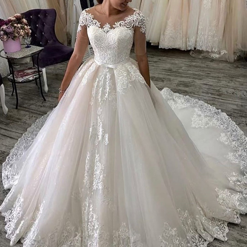 Simple Wedding Dresses Bridal Gowns Lace Appliques A-Line jewel 1/2 sleeves Sweep Train Plus Size Customized Vestido De Noiva-image-762044908