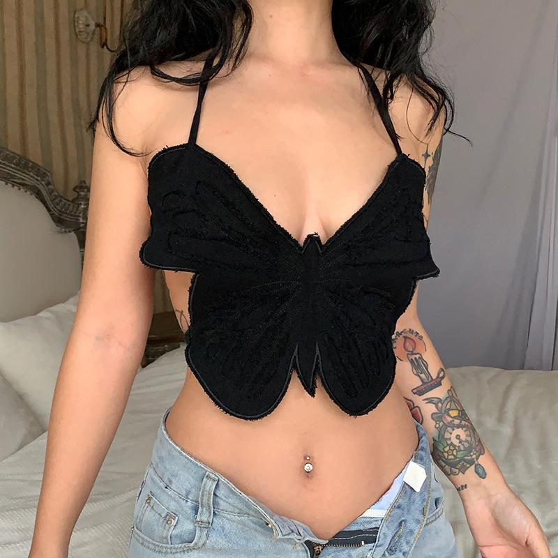 

Women's Tanks & Camis Butterfly Y2K Denim Cute Tank Tops Women Summer Streetwear Korean Kawaii Vintage Retro Casual Shirts Fashion Halter To, Black