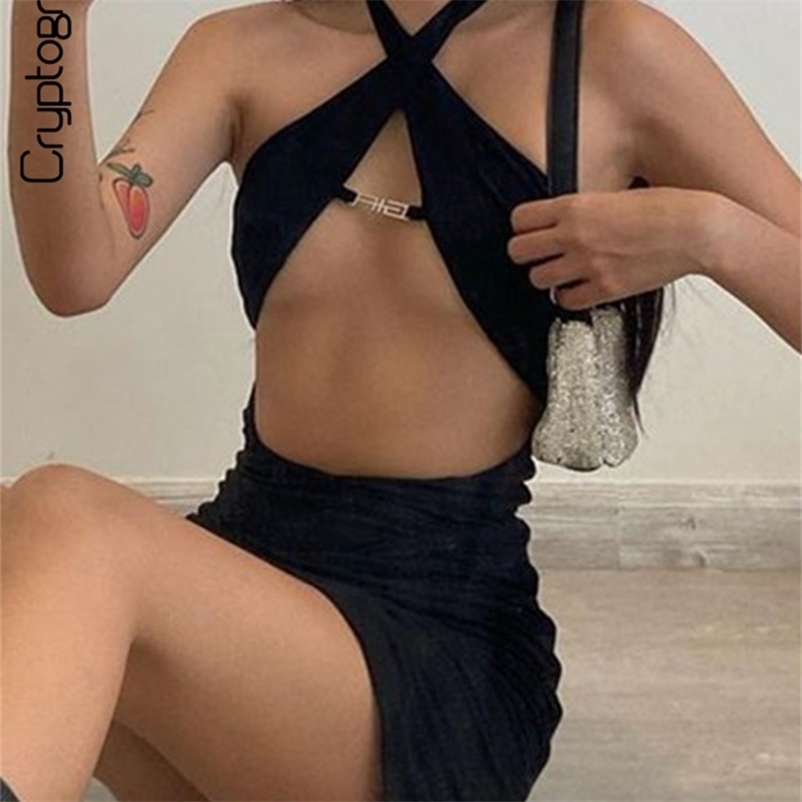 

Cryptographic Sexy Backless Halter Cut Out Women Mini Dresses Bodycon Club Fashion Sleeveless Black Dress Holiday Clothes 220614