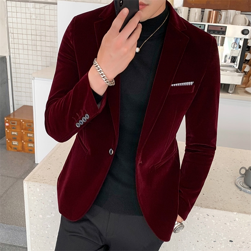 

Burgundy Velvet Blazer Men Fashion Casual Blazer Men Wedding Groom Singer Costume Slim Blazer Formal Evening Dress M5XL 220704, Navy blue