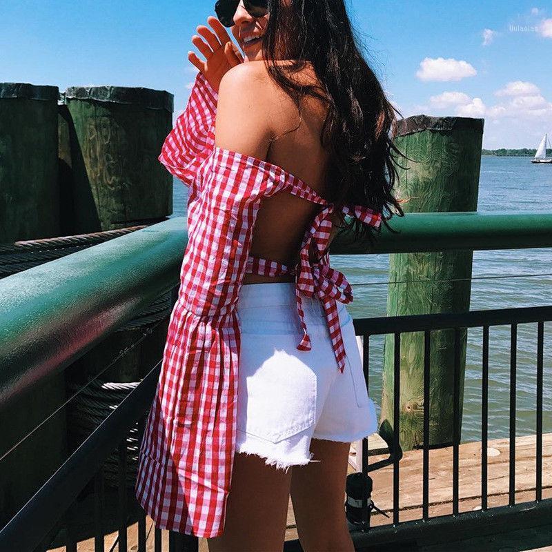 

Fashion Summer Soft Women' Flare Long Sleeve Plaid Blouses Casual Loose Blouse Shirt Sexy Backless Bandage Crop Tops & Shirts, As pic