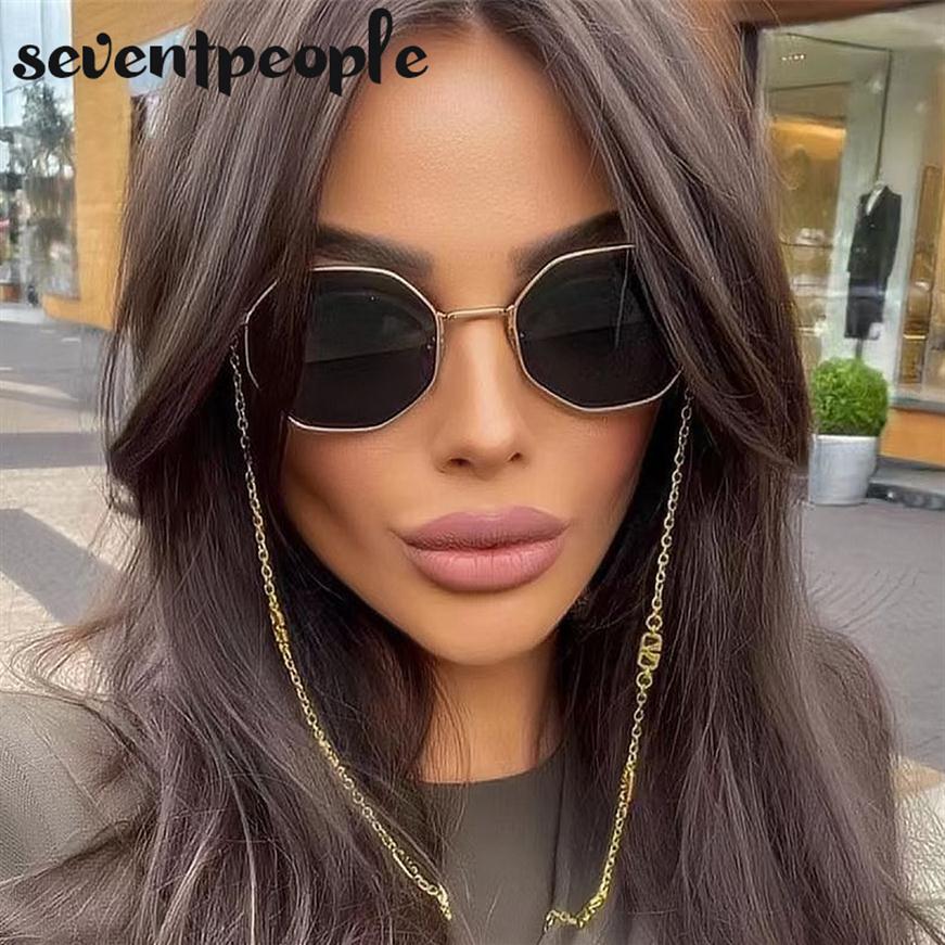 

Fashion Metal Irregular Sunglasses with Chain Women 2022 Luxury Brand Channel Trendy Square Sun Glasses for Female Chic Eyewear277c
