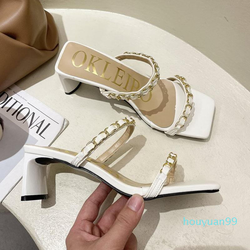

Fashion Shoes Strange High Heels Chains Sandals Women Sexy Narrow Band Slippers Open Toe Slip On Metal Chain Summer Slides Female Sandalias, Black