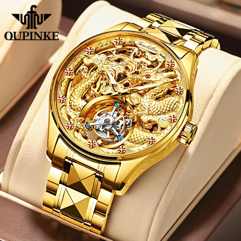 

Wristwatches OUPINKE Real Tourbillon Mechanical Skeleton Watch Gold Sapphire Glass Watches Rotary Hand Wind Wristwatch Man Clocks 3176G