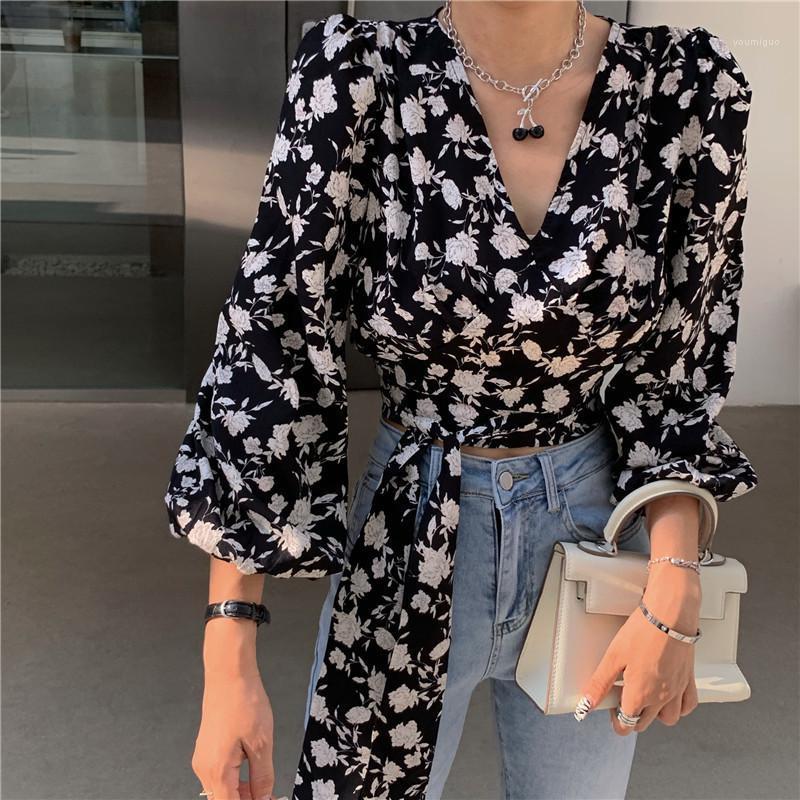 

Women's Blouses & Shirts Spring/fall Casual Long Puff Sleeve V-neck Pastoral Floral Lace Bow Midriff Chiffon Crop Top Rose Print Short Shirt, White