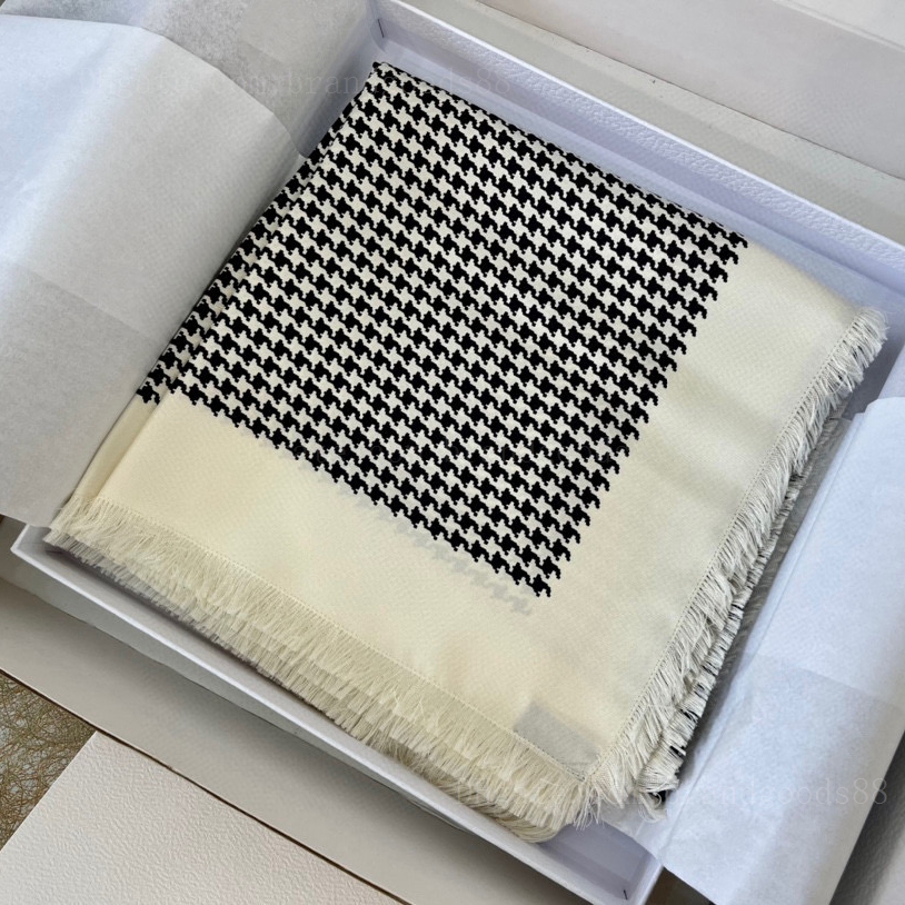 

Luxury New Style Scarves Wholesale black and white houndstooth Handmade tassel Silk Scarf Women's Original quality Woman Print Designer scarfs With Box