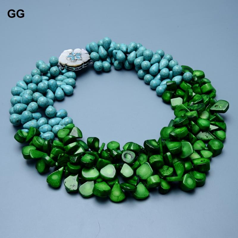 

Pendant Necklaces GuaiGuai Jewelry 3 Rows Green Coral Blue Teardrop Turquoise Real Gems Necklace Shell Flower Clasp Handmade For WomenPendan