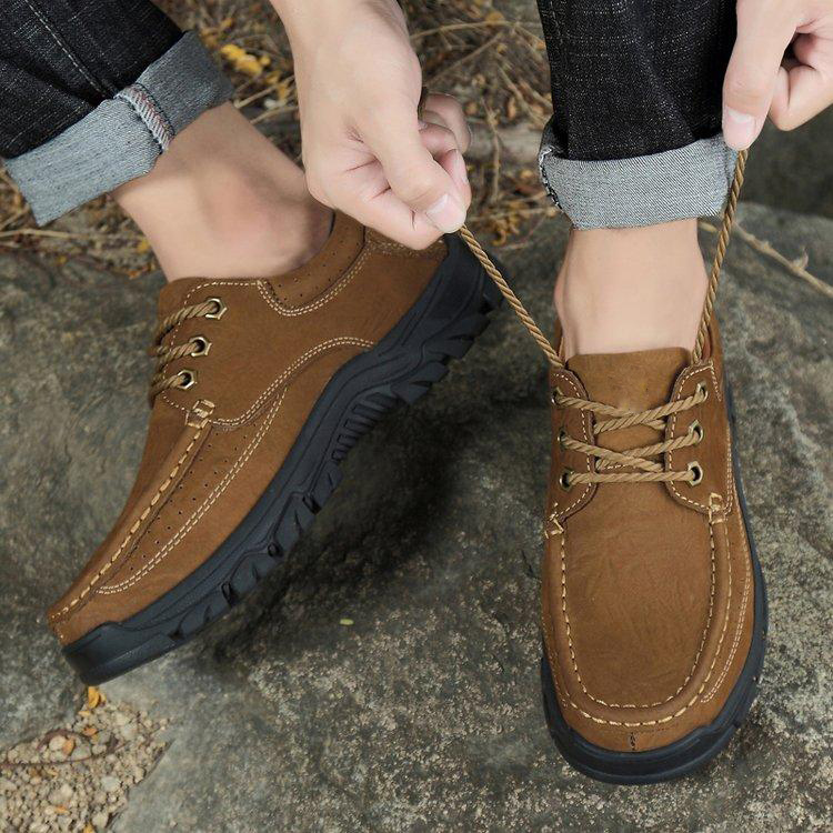 Casual Fashion Sneakers Men Hoes Solid Color PU Classic Wild Handmade Stitching Simple Lace Square Toe Formal Shoes DP433-1