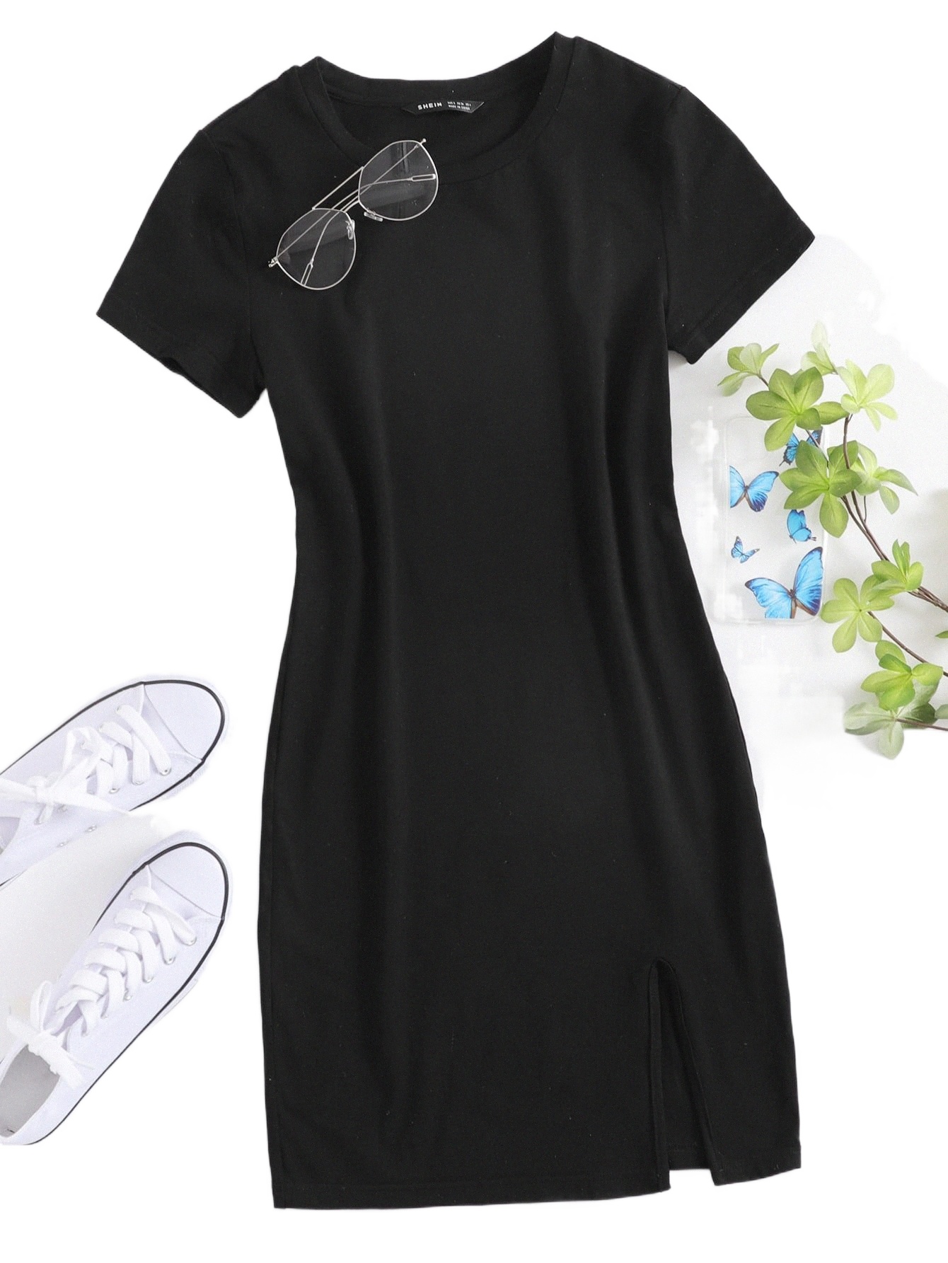

solid Split Hem T-Shirt Dress i4Vn#, Black