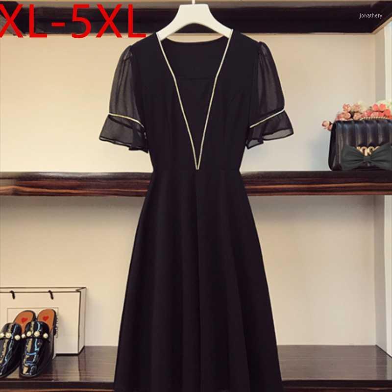 

Plus Size Dresses 2022 -5XL Summer Black Dress For Women Square Collar Flare Sleeve Bright Line Decoration Mesh Patchwork Jona22