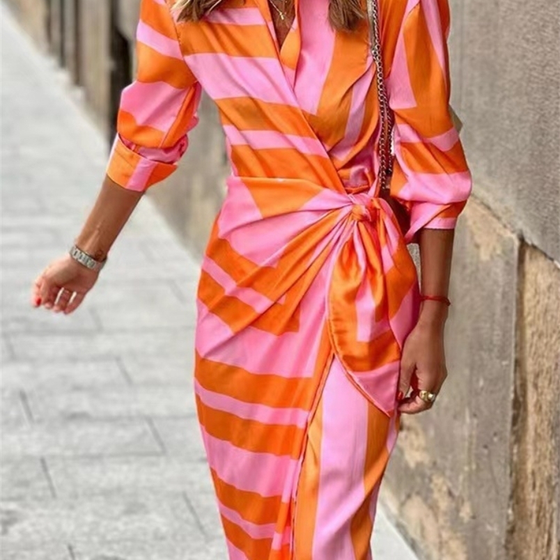 Printemps Été Mode Imprimer Robe Blouse Cravate Mi Longueur Jupe Rayée Casual Confortable Rue Femmes Porter Robes Robe 220815