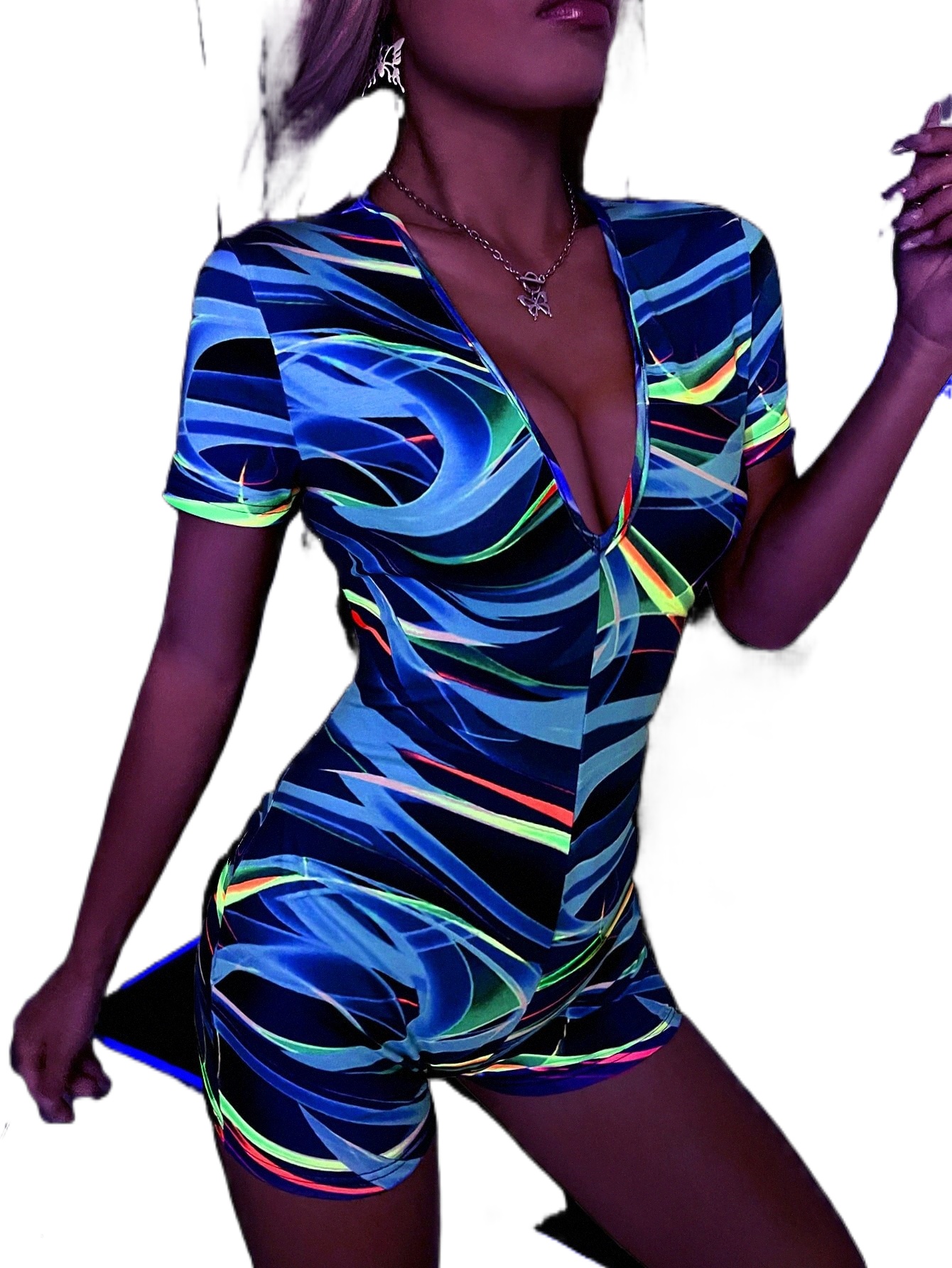 

reflective Allover Print Deep V Neck Unitard Romper U208#, Multicolor