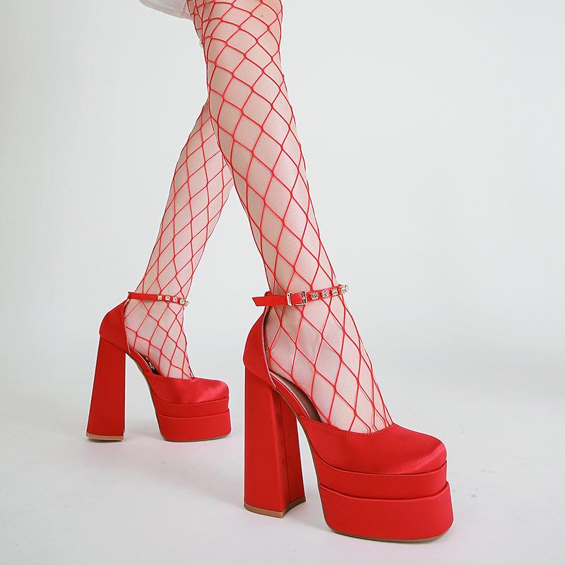 

Sandals 2022 Summer Sexy Women's Shoes Designer High-Heeled Waterproof Platform Rhinestone Red Thick HeelsSandals, Black