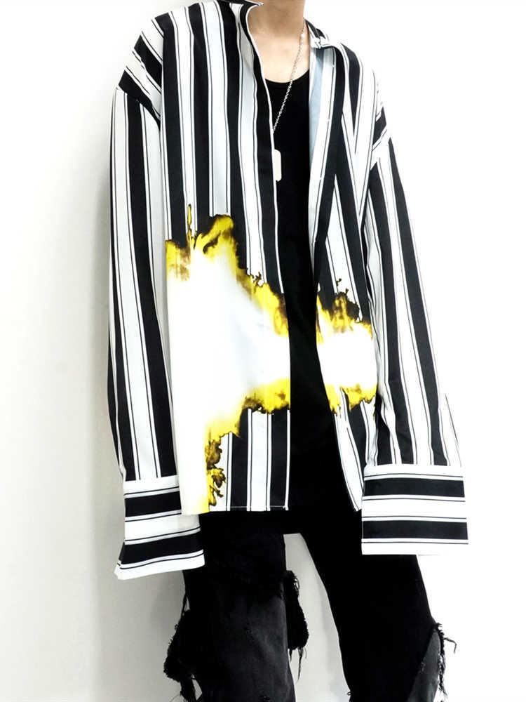 

[Spot]Ha flame Stripe Shirt ins loose archive high street fashion men's and women's Henry collar shirt coat, White