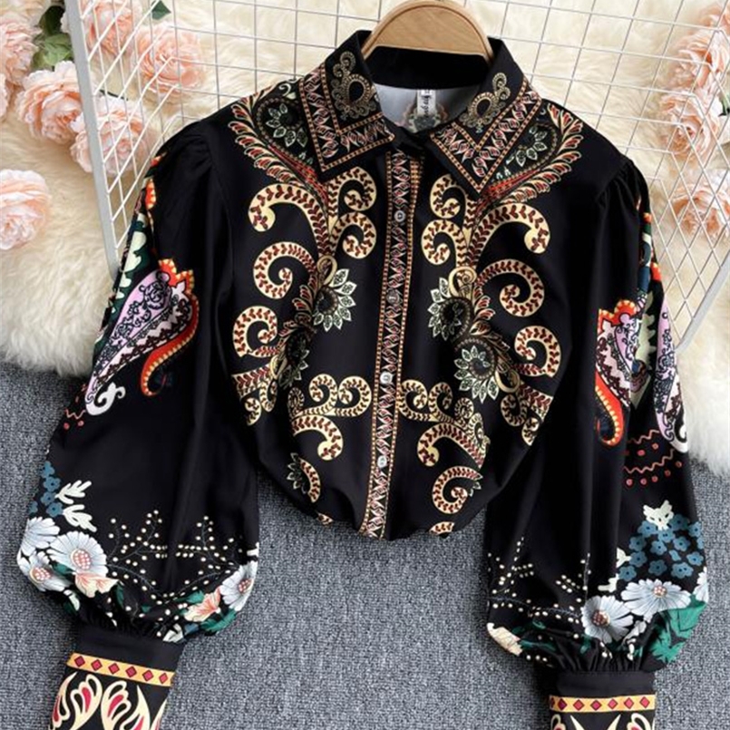 

Spring Autumn Fashion Retro Blouse Female Field Totem Printing Lantern Sleeve Lapel Blusa All-match Shirt GK330 220407, Black