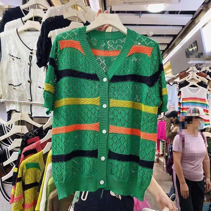 

Women's Knits & Tees Thin Summer V Neck Knitted Cardigan Sweater Single-Breasted Short Sleeve Striped Loose Tops For Women 2022 Mari22, Picture color