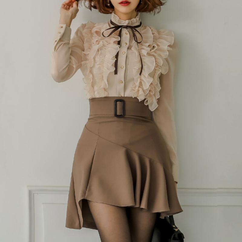 

Work Dresses 2022 Autumn Winter 2 Piece Sets Sexy Mini Dress Women Elegant Long Sleeve Ruffles Lace Chiffon Bow Shirt Top+ Bodycorn