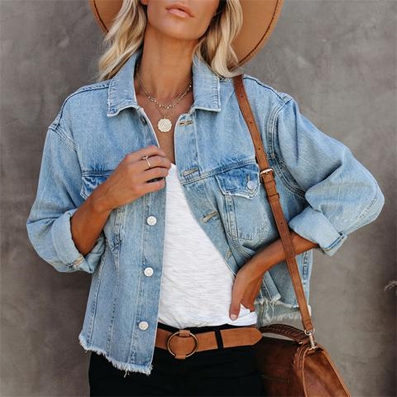 

Womens Loose Street Hipster Women Denim Jacket Burrs Long Sleeve Short Denim Coat Spring Autumn Woman Jeans Outwear 220816, Blue