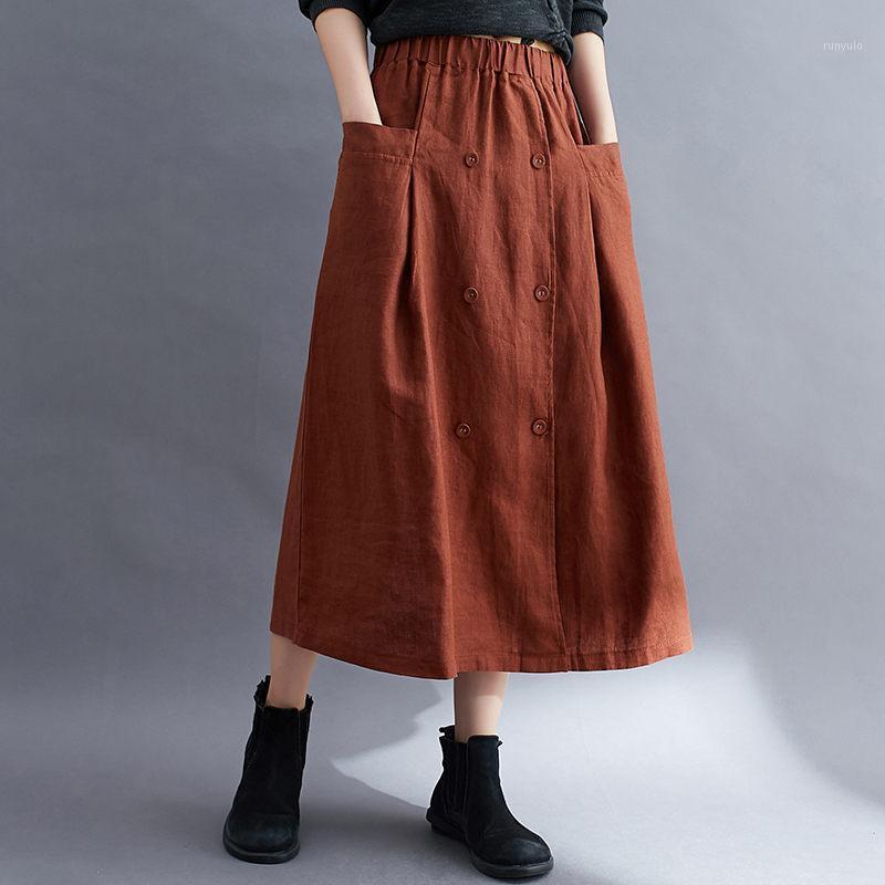 

Autumn Retro Female Clothing Elastic Waist Cotton And Linen Skirts Women's Mid-Length Loose A-Line Casual Mujer Faldas Y428, Black