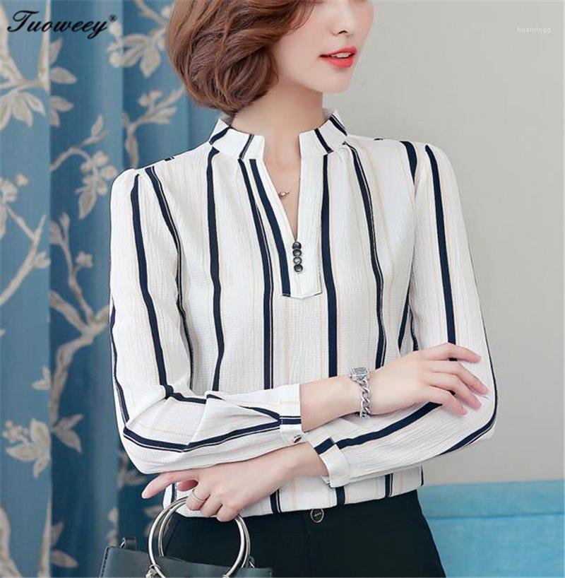 

Fashion Women Blouse Spring Full Sleeve Office Lady Deep V Neck Blue Striped OL Slim Casual Women' Blouses & Shirts, White