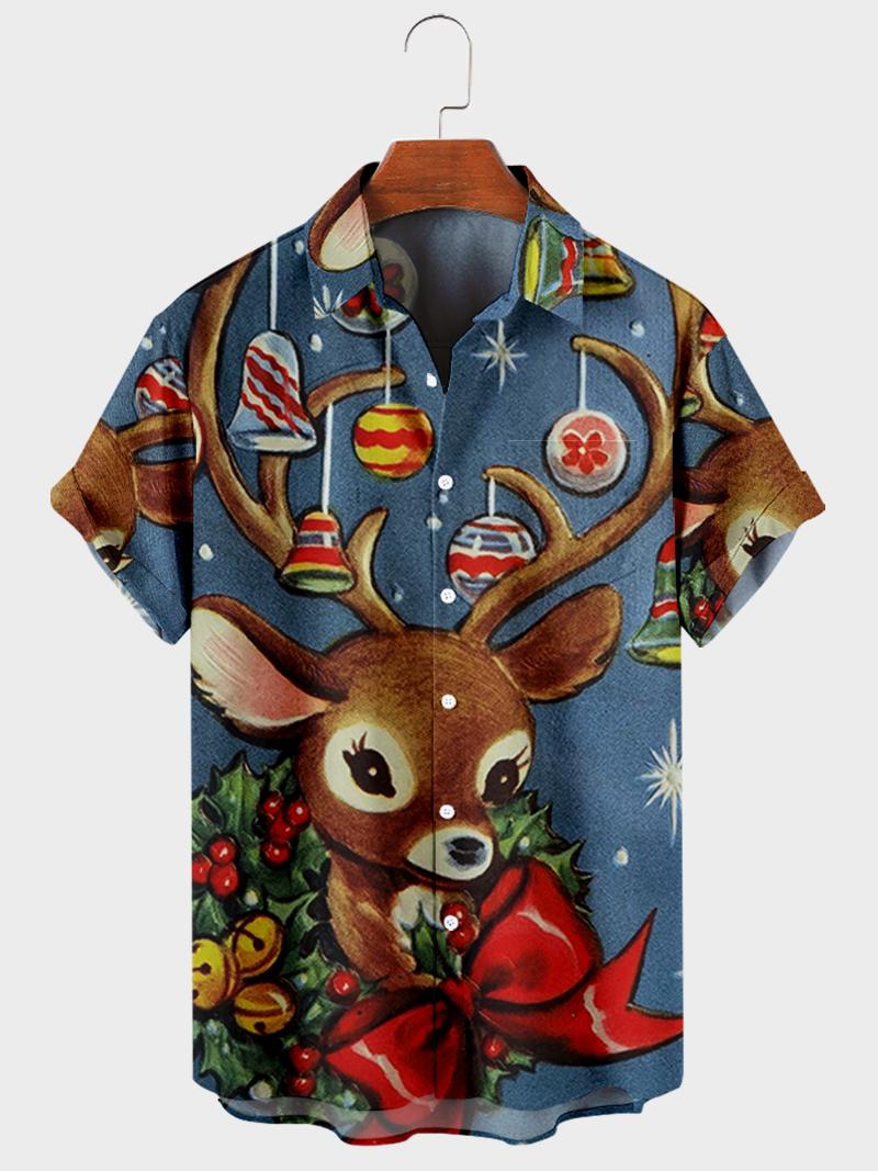 

Men's Casual Shirts Cross Christmas Deer Elements 3D Digital Printing Trend Loose Short Sleeve Shirt Men's Top22Men's, Navy blue