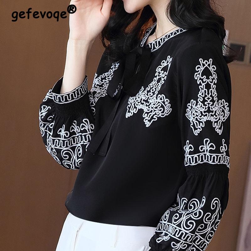 

Women's Blouses & Shirts Vintage Ethnic Style Fashion Clothes Embroidery Lace Up Oversized Blouse Women Elegant Chic Long Sleeve Loose Ladie, Black
