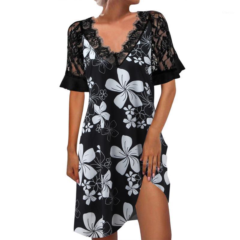 

Casual Dresses Women Elegant Lace Short Sleeve Dress Boho Harajuku Floral Printed Beach Sundress Woman Summer Holiday V Neck Mini Robes, Black