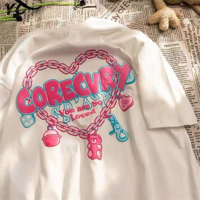 

Women' T-Shirt Harajuku T Shirt Aesthetic Gothic Punk Cartoon Short Sleeve Love Print Women Summer Fashion Street Clothes Female Tops Tees, Black