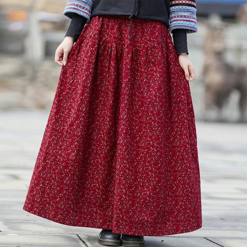 

Skirts Johnature Women Loose Skirt Cotton Linen Elastic Waist Print Floral Fashion Clothing 2022 Autumn Winter Comfortable, Burgundy
