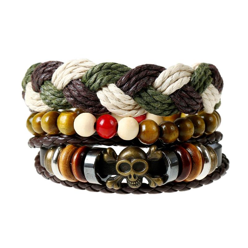 

Charm Bracelets 3Pcs/Set Gypsy Hippie Punk Copper Pirate Skull Hematite Wooden Bead Green Cord Dark Brown Leather Multi Layers For Man