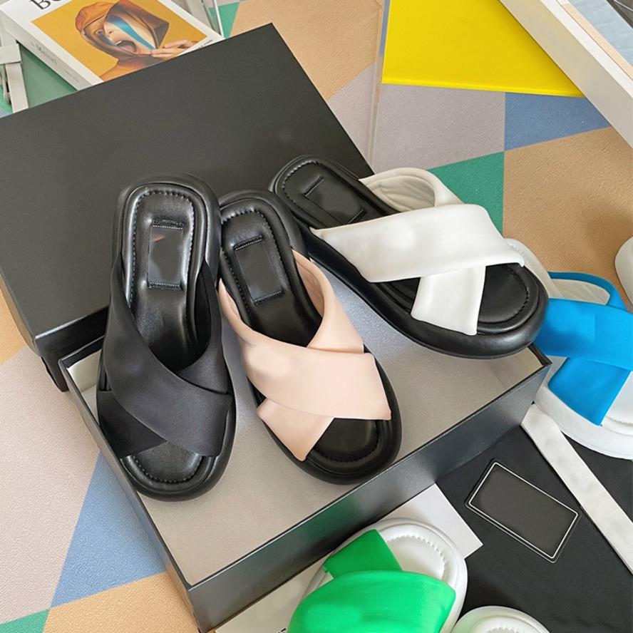 

Designer Mules Shoes Women Leather Slides Platform Sandal Slip-on Beach Flip Flops New Summer Comfort Mules Flat Slipper 35-40 With Box NO358