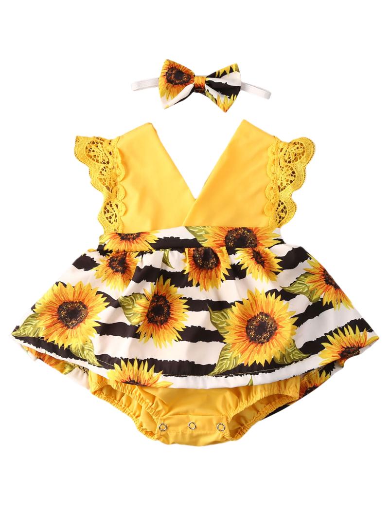 

Girl's Dresses 0-24M Born Baby Girls Romper Dress Sunflowers Print Lace Sleeve V Neck Jumpsuits Headband 2pcsGirl's, As pic
