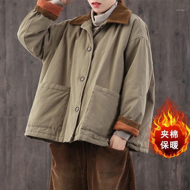 

Women's Jackets Corduroy Stitching Padded Jacket Plus Size Retro Long Sleeve Lapel Quilted Coat Casual Parka Winter Mujer Chaqueta M1872, Black