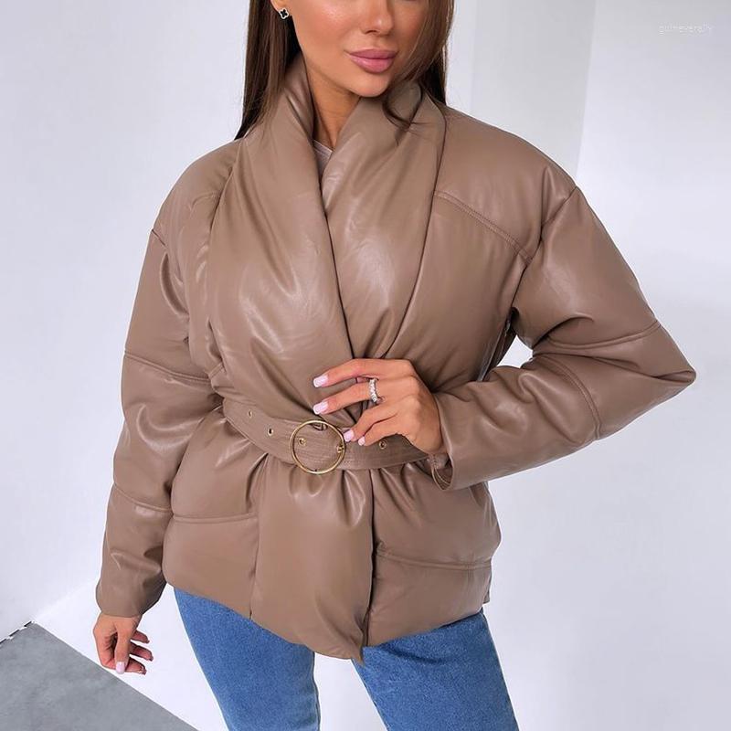 

Women's Down & Parkas YANA Fashion Tie Belt Waist Solid Women Elegant Janpanese Style PU Leather Coats Winter Short Cotton Jackets Ladies Gu, Khaki