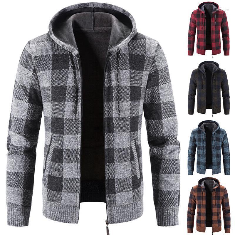 

Men's Sweaters Men's Hooded Plaid Printed Long Sleeve Sweater Autumn Winter Plush Large Casual Cardigan CoatMen's Olga22, Brown