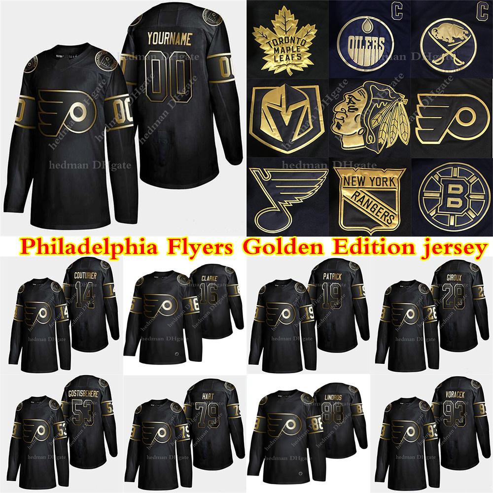 

Philadelphia Flyers Golden Edition jersey 79 Carter Hart 13 Kevin Hayes 28 Claude Giroux 11 Konecny custom any number any name hockey jersey, Black