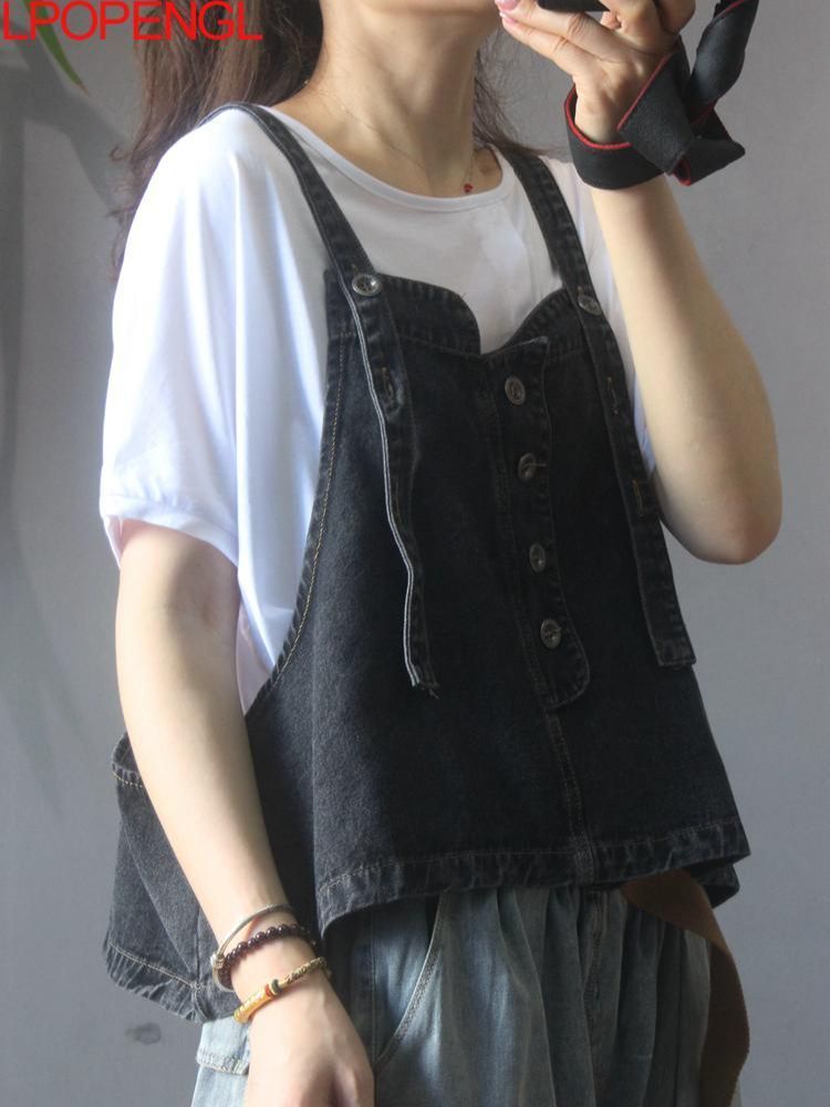 

Korean Denim Short Suspender Ladies Cowboy Vest With Vneck Sleeveless Vintage Summer Style Tops Streetwear Oversized Vest 220812, Black