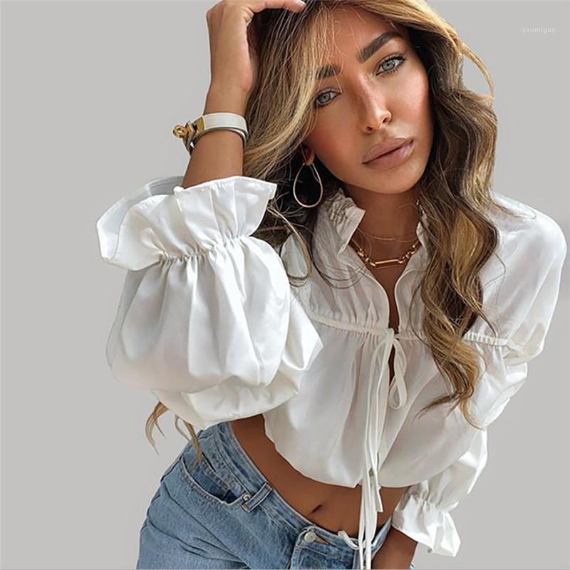 

Women Autumn Long Sleeve Short Draped Ruffles Blouse Hollow Lace-up Streetwear Holiday Casual Tops Women' Blouses & Shirts, White