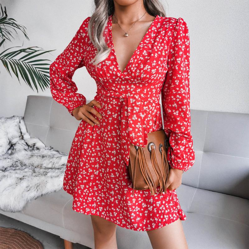 

Casual Dresses For Summer 2022 Women Elegant With Floral Pattern Robe Sundress Long Sleeve Waist Chiffon Pleated Dress Boho BeachCasual, Red