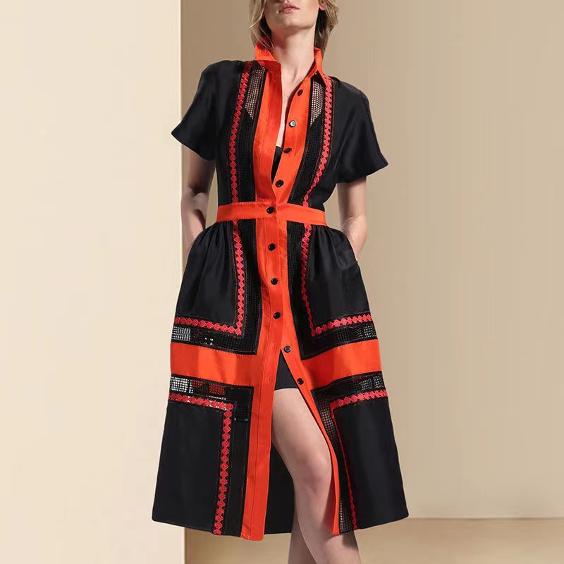 

M100013-Womens Designer Dresses High Quality Short Sleeve Casual Dress Cotton Embroidered Slim Pullover Blue Skirt Knitted, Red