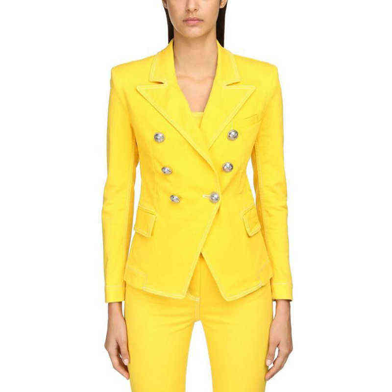 

2020 New Yellow Blazer Women DoubleBreasted Silver Button Denim Jean Jacket Office Lady Work Women Blazer High quality J220813, Yellow pants.