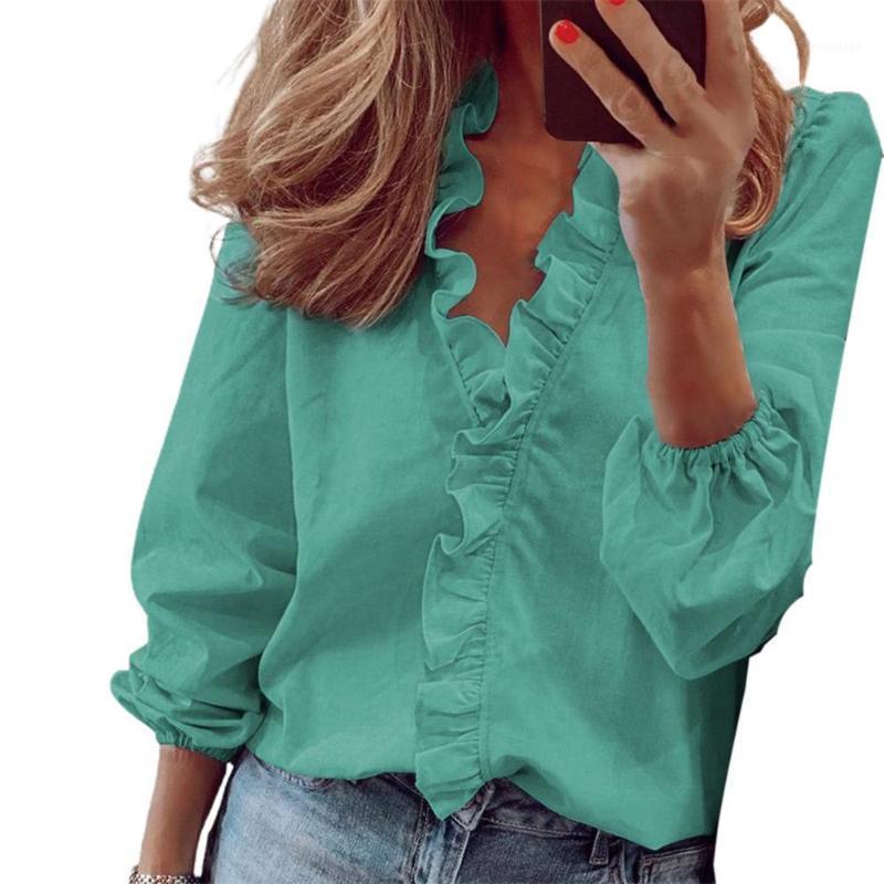

Women's Blouses & Shirts Women Tops Loose Blouse Ruffle Stitching V Neck Lantern Long Sleeve Casual Shirt Ladies, Blue
