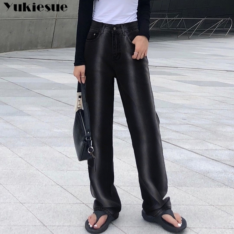 

High Waist Jeans woman Women Fashion Ins Straight for Womens Casual Denim Pants Streetwear striped Gradient wide leg 210608, Black