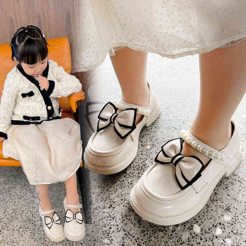 

Children's Casual Leather Shoes 2022 Autumn New Girls' Non-slip Versatile Princess British Black with Bow and Pearls Fashion Kid G220418
