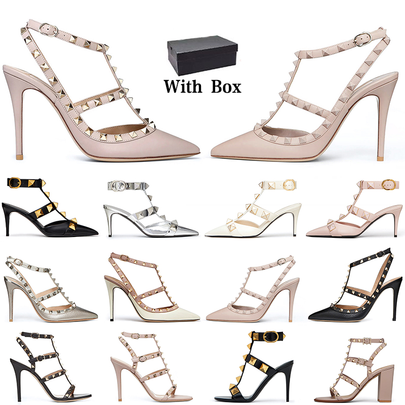 With Box designer dress shoes women sneakers stud pump high heels Patent Leather Metallic Gold Black Womens Sandals Trainers party wedding sandal