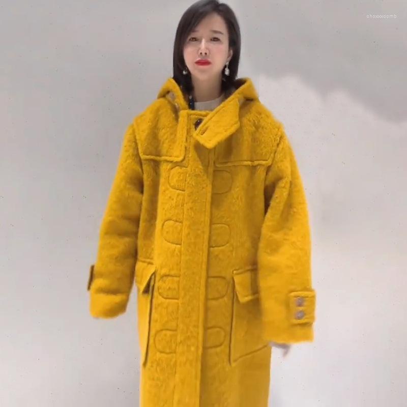 

Women' Wool & Blends Hooded Tweed Coat 2022 Winter Korean Small Loose Long Over Knee Woolen, Jy062 long yellow