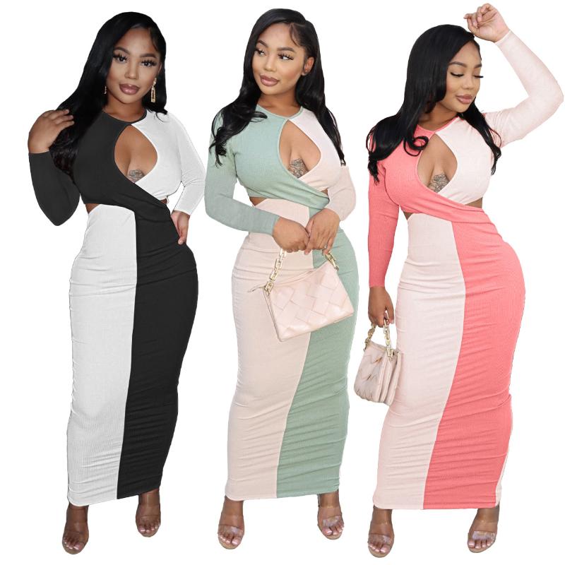

Casual Dresses Sexy Knitted Cut Out Long Dress Women Sleeve Bodycon Autumn Patchwork Sundress Night Party ClubwearCasual, Pink