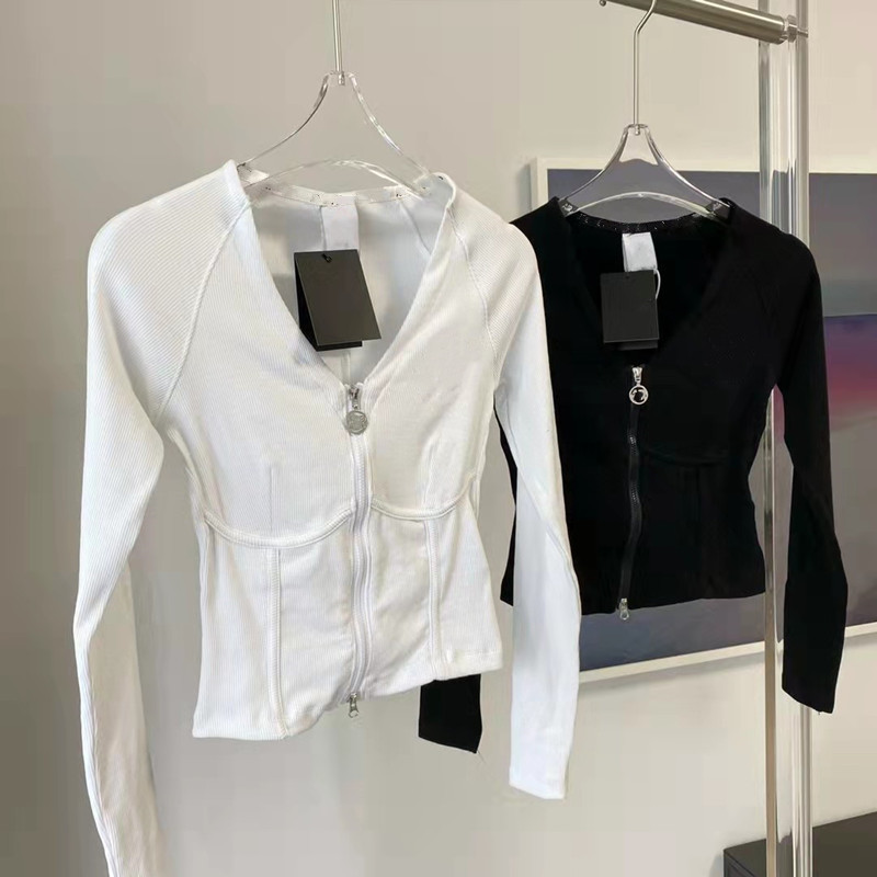 

Double zipper White Black Women Tee Long Sleeve Shirts Slim V-neck Crop Top Casual Backless Womens Bottomed shirt Femme Tops yoga sports, Others models