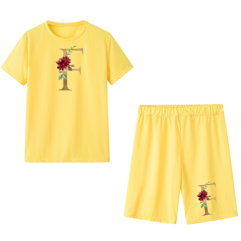 

Summer Women Tracksuit 2 Pieces Set Casual Letter Print Short Sleeve Outfits Solid Color Ladies Loose T Shirt Jogging Suits, S004-yellow