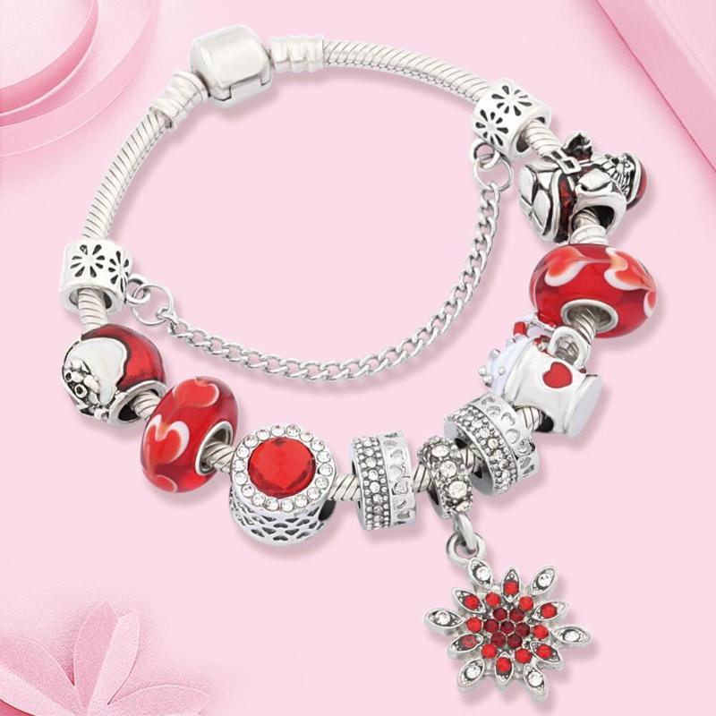 

Charm Bracelets Drop Red Crystal Snowflake Bracelet Christmas Santa Bead For Women Child Xmas Gift